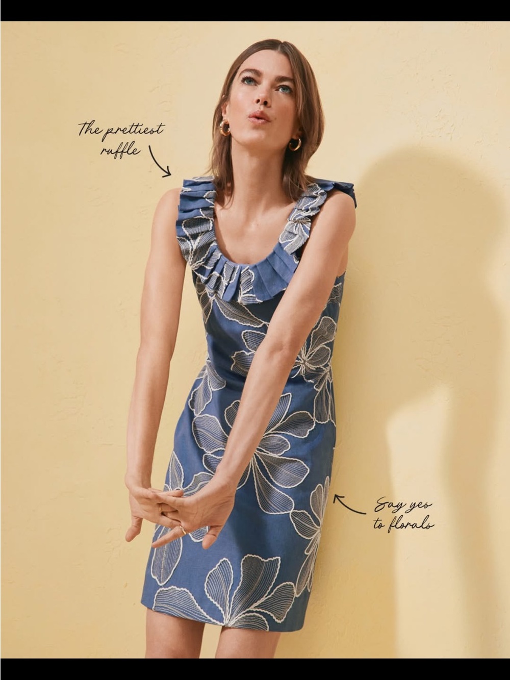 LOFT Blue Floral Embroidered Ruffle Neck Mini Dress Rayon Linen Blend Sz 14